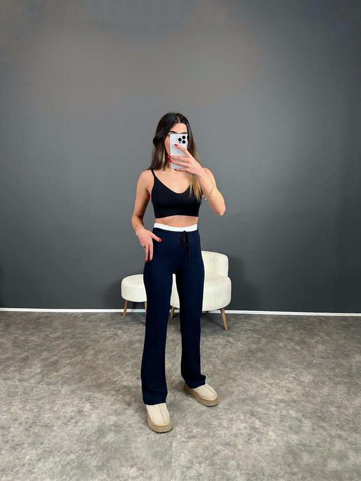 Maso Lacivert Bel Detaylı Çımalı Likralı Pantolon