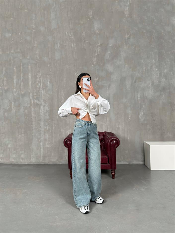Garden Orta Mavi Belden Lastikli Wide Leg Jean