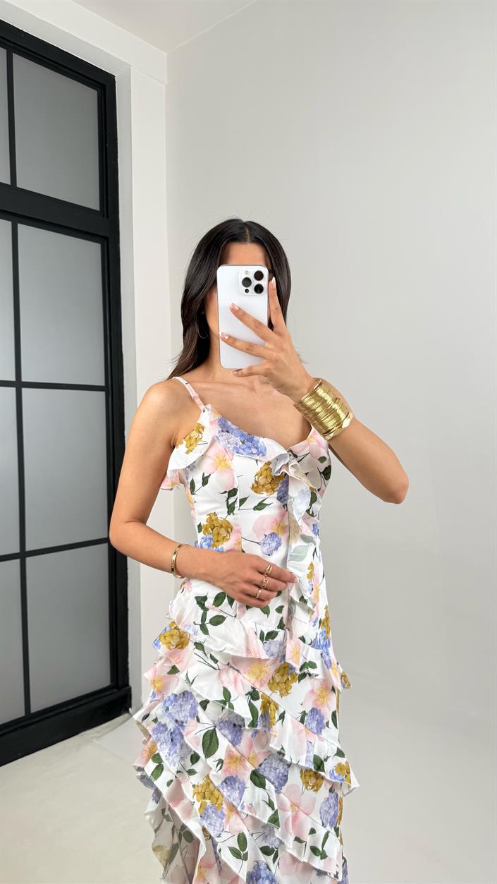 Beyaz Çiçek Desenli Ayarlanabilir Askılı Asimetrik Kesim Astarlı Şifon Elbise Gaus00540