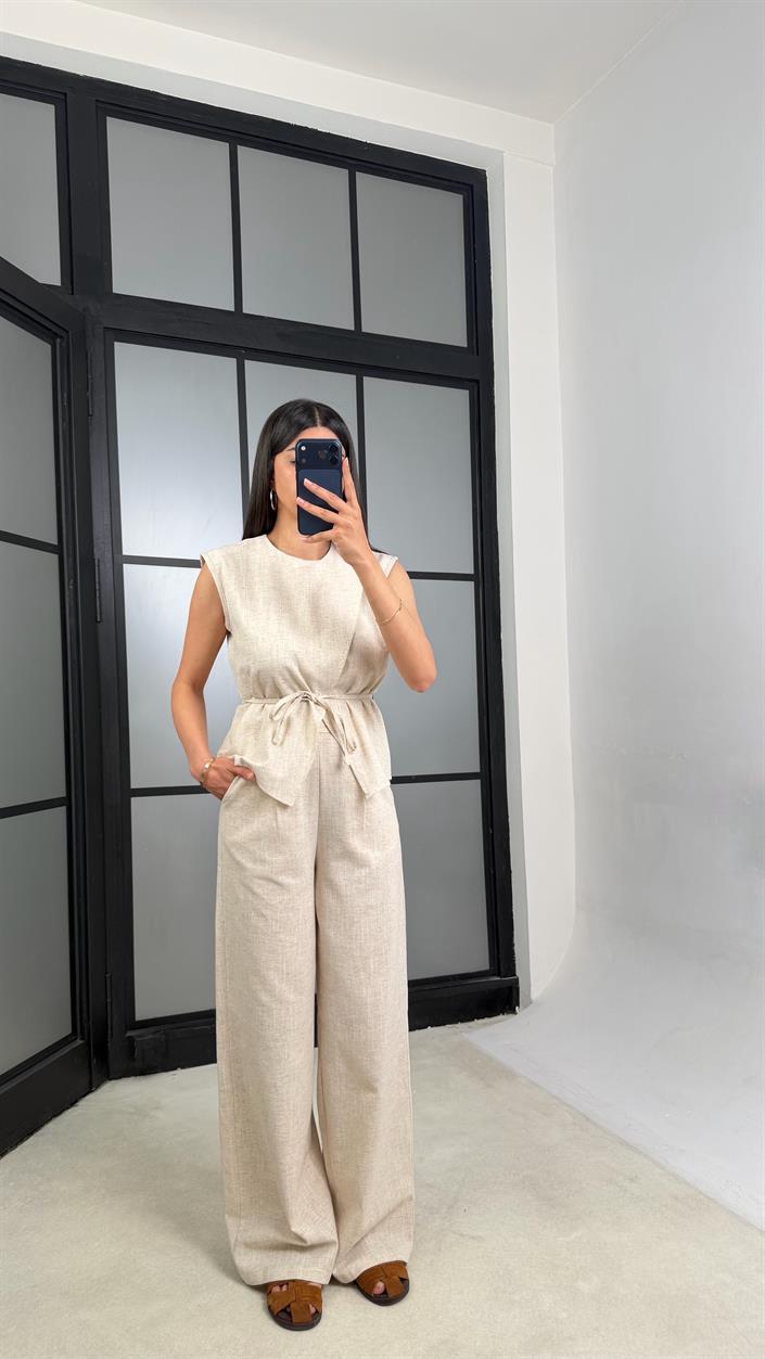 Taş Kuşaklı Bluz Beli Lastikli Pantolon İkili Keten Takım GAUS-01540