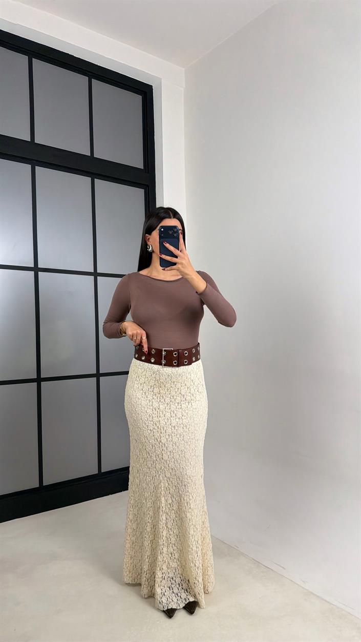 Ekru Maxi Boy Full Astarlı Dantel Etek GAUS-00714