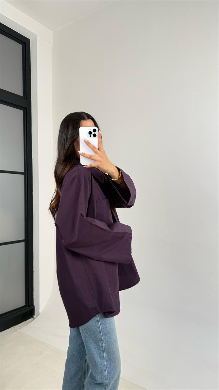 Mürdüm Oversize Cep Detaylı Poplin Gömlek GAUS-0072