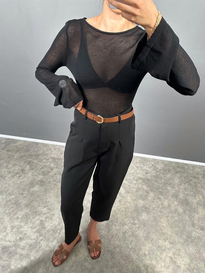 Vion Siyah Krep Kumaş Kemerli Havuç ZR Model Pantolon