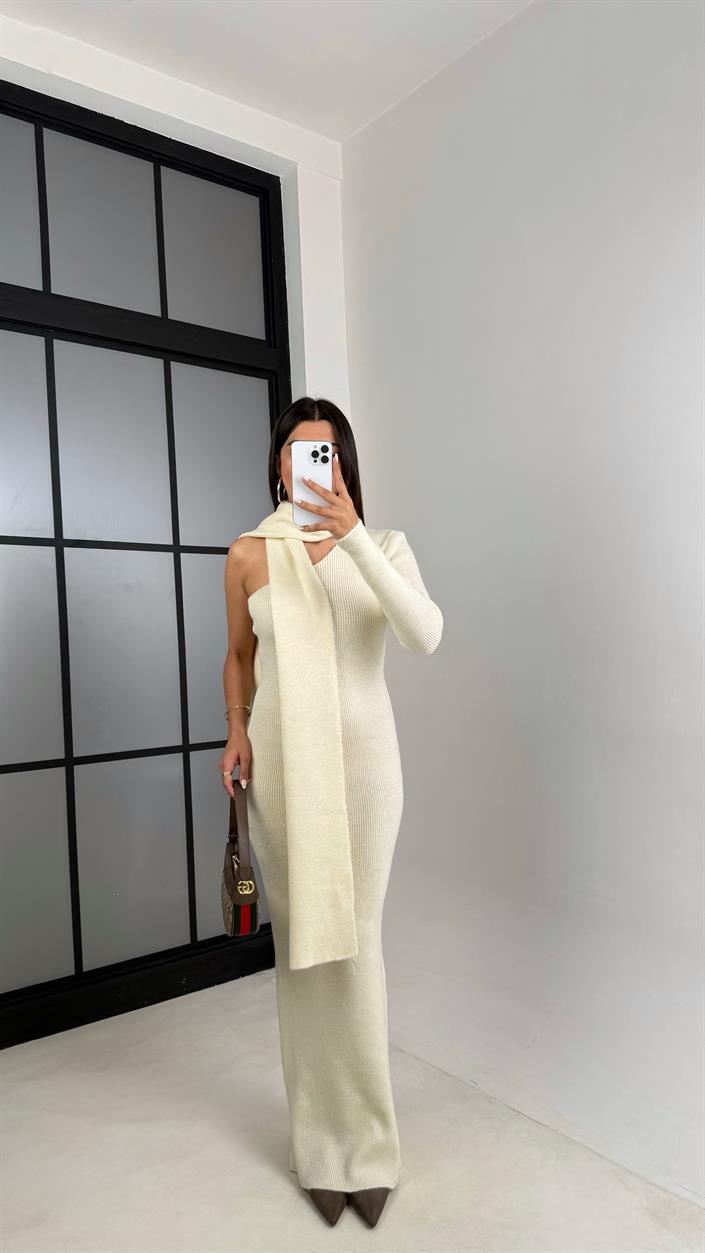 Ekru Tek Omuz Atkılı Triko Elbise GAUS-00223
