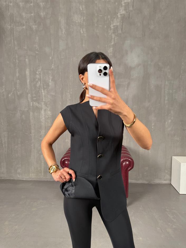 Bonar Siyah Düğmeli Astarlı Yelek