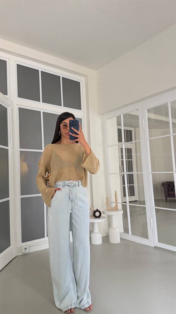 Buz Mavi Kuşaklı Tencel Denim Pantolon GAUS-01617