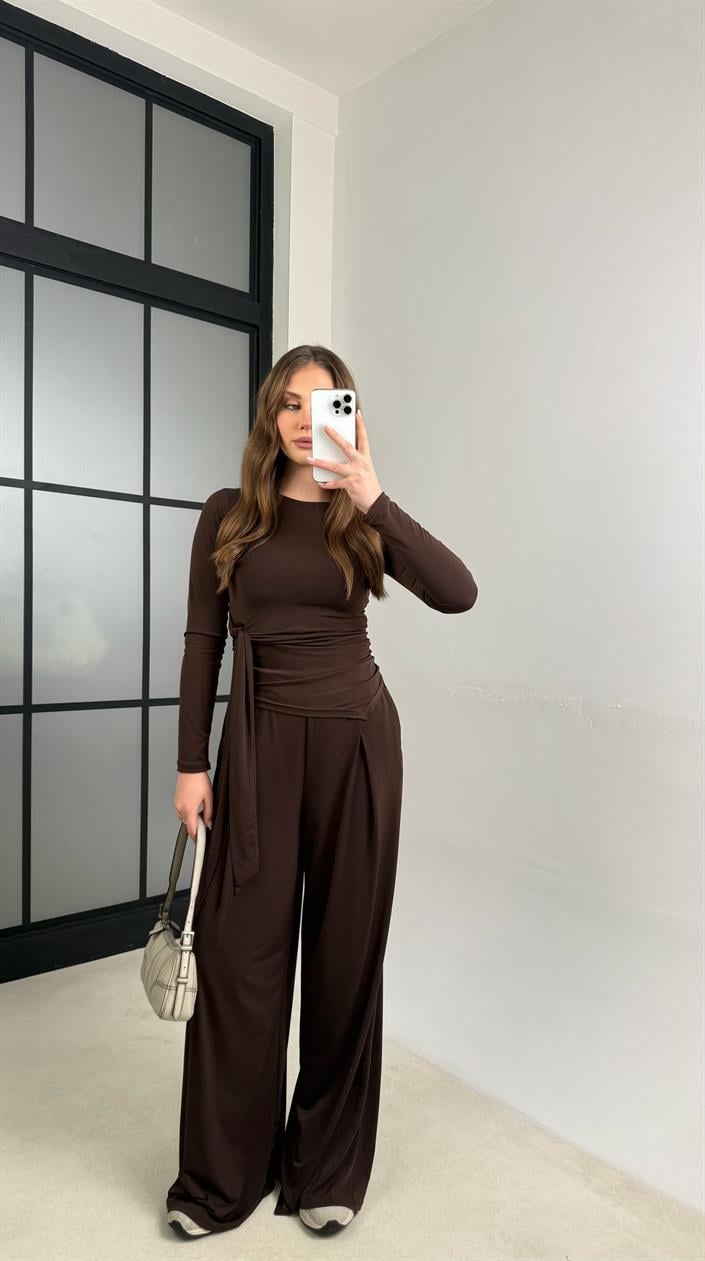 Kahve Bağlama Detaylı  Bluz Beli Lastikli Pantolon Sandy Takım GAUS-01145