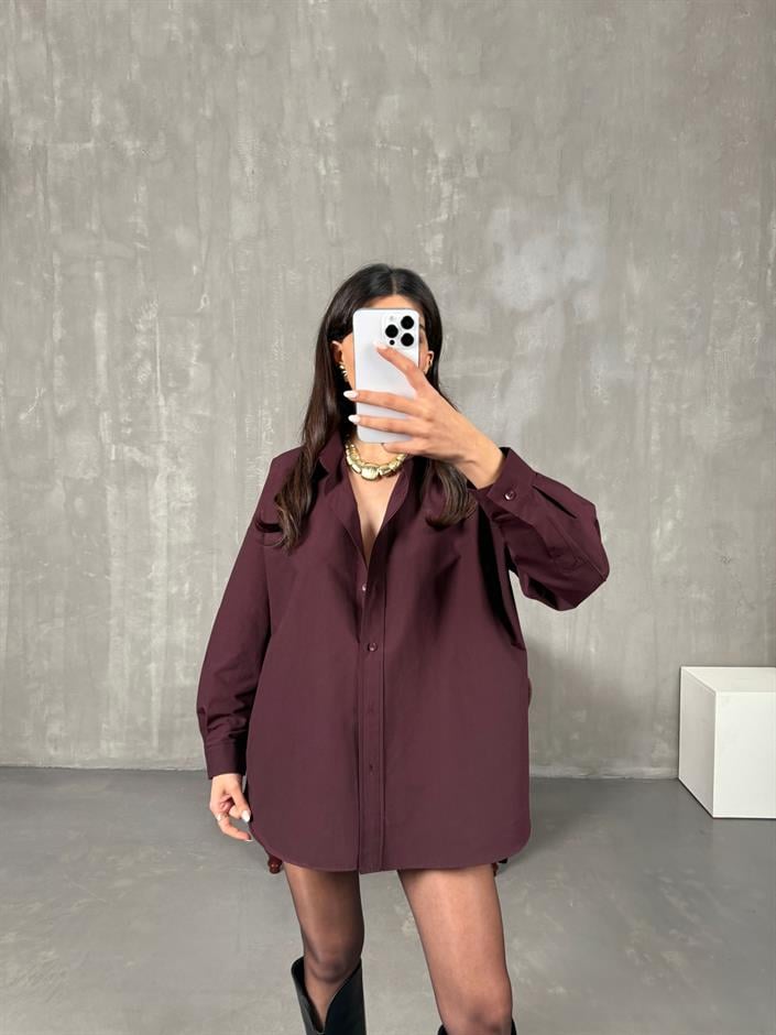 Zela Bordo Pamuklu Oversize Gömlek