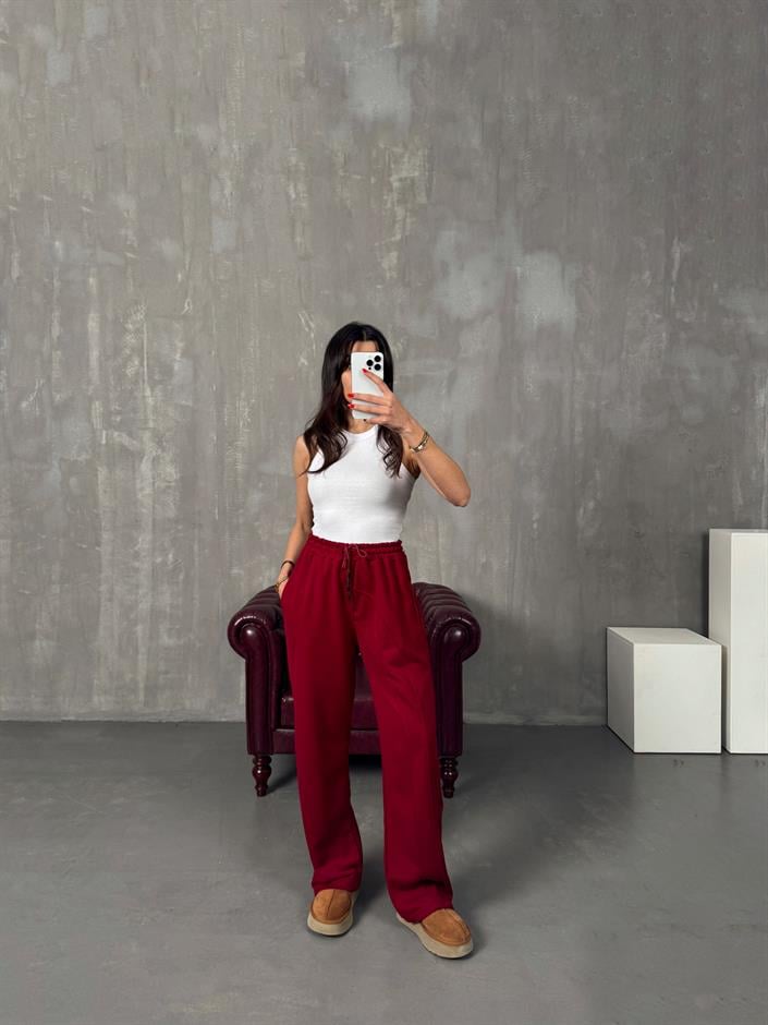 Brow Bordo Üç İplik Şardonsuz Fermuar Paçalı Eşofman Altı