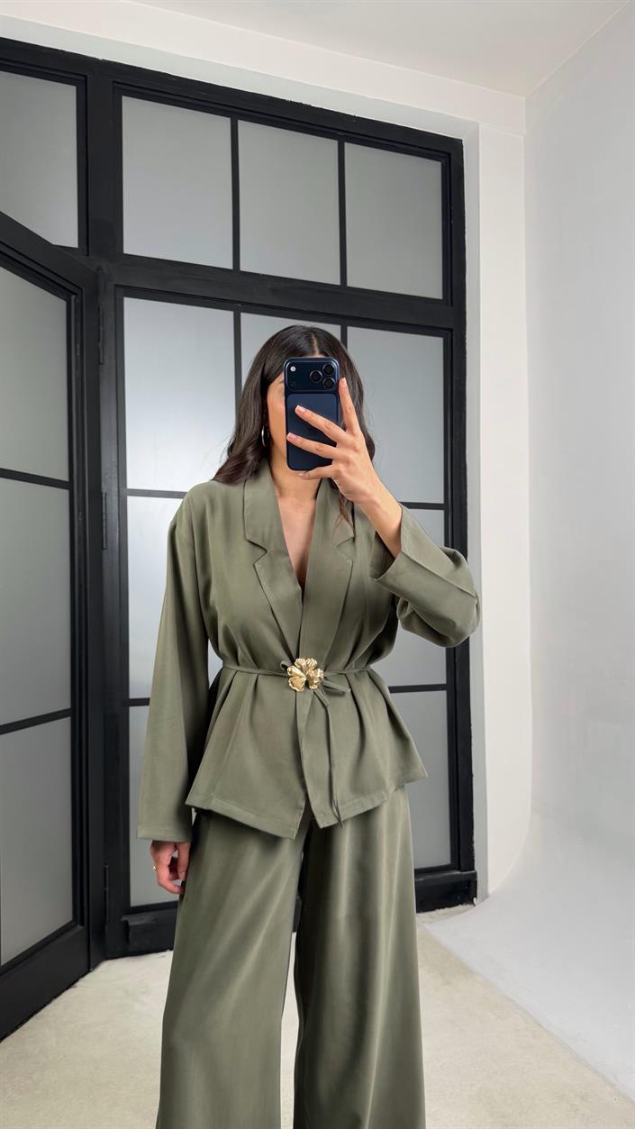Yeşil Broş Detaylı Kimono Beli Lastikli Pantolon Takım GAUS-01345