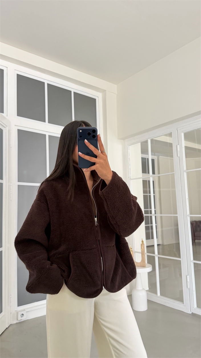 Acı Kahve Fermuarlı Cepli Polar Sweatshirt GAUS-01916 GAUS-02031