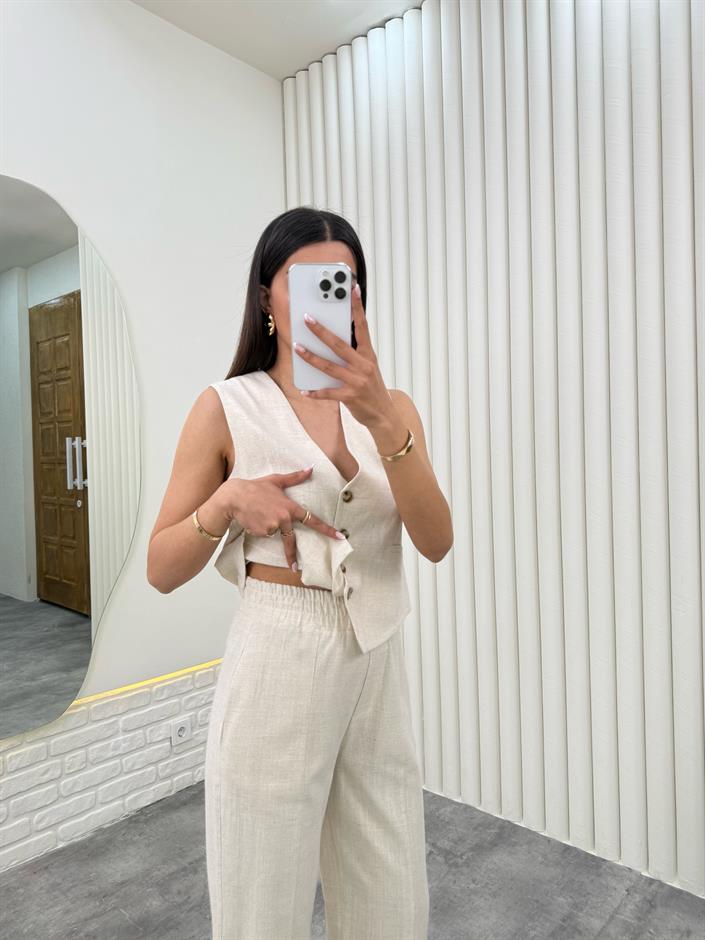 Taş Yelekli Beli Lastikli Pantolon İkili Keten Takım Gaus00276