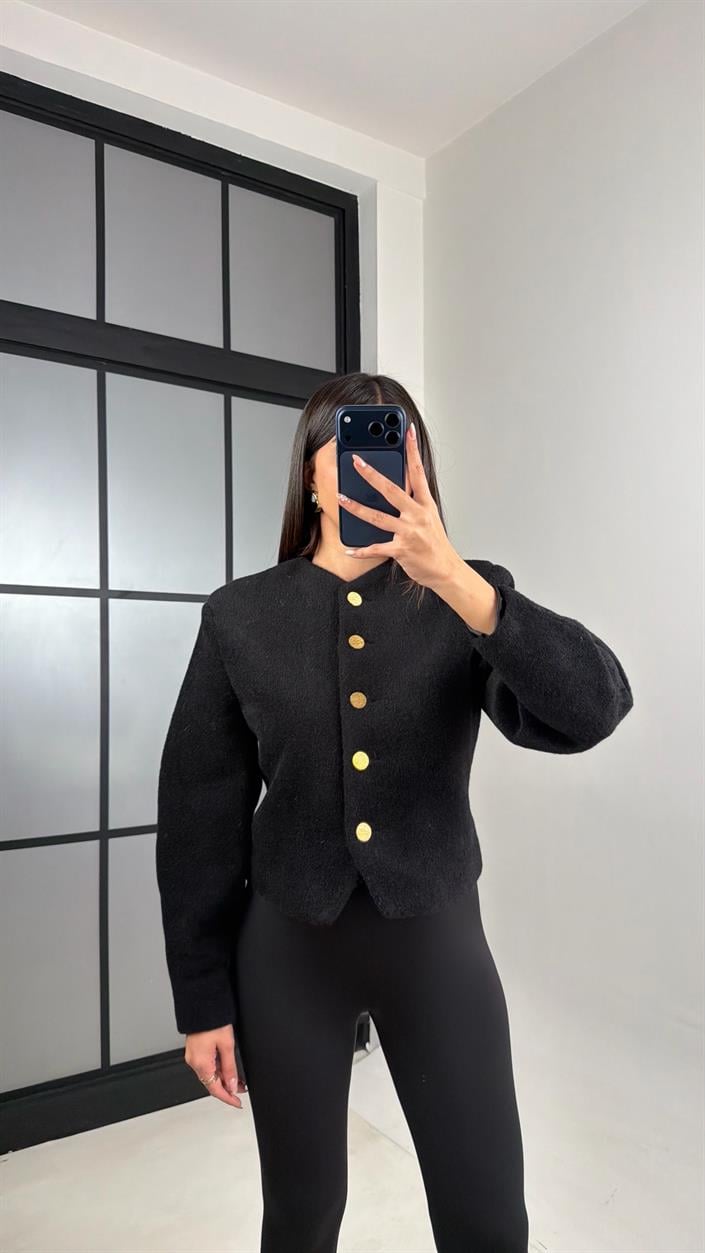 Siyah Gold Düğmeli Belden Oturtma Kaşe Ceket GAUS-00849