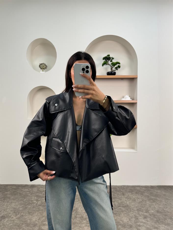 Wos Siyah Astarsız Kemerli Oversize Muadil Deri Ceket