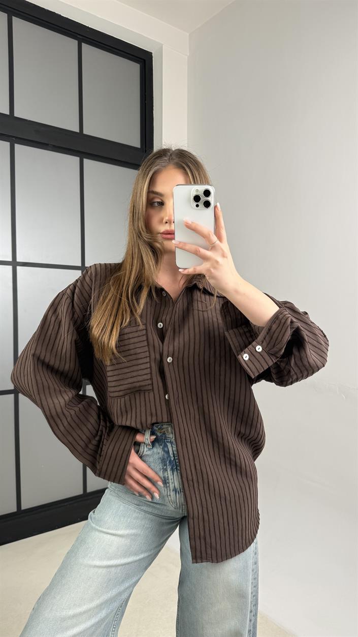 Acı Kahve Şeritli Gömlek GAUS-01062