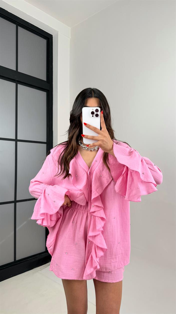 Pembe Yaka Fırfırlı Taş Detaylı Gömlek Şortlu Müslin Takım Gaus00511