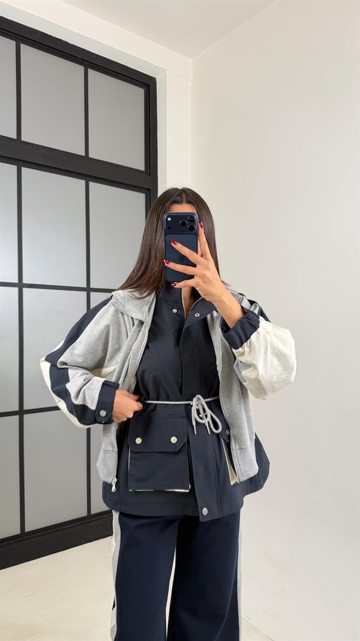 Lacivert Garnili Ceket Beli Lastikli Pantolon İkili Tasarım Takım GAUS-00699