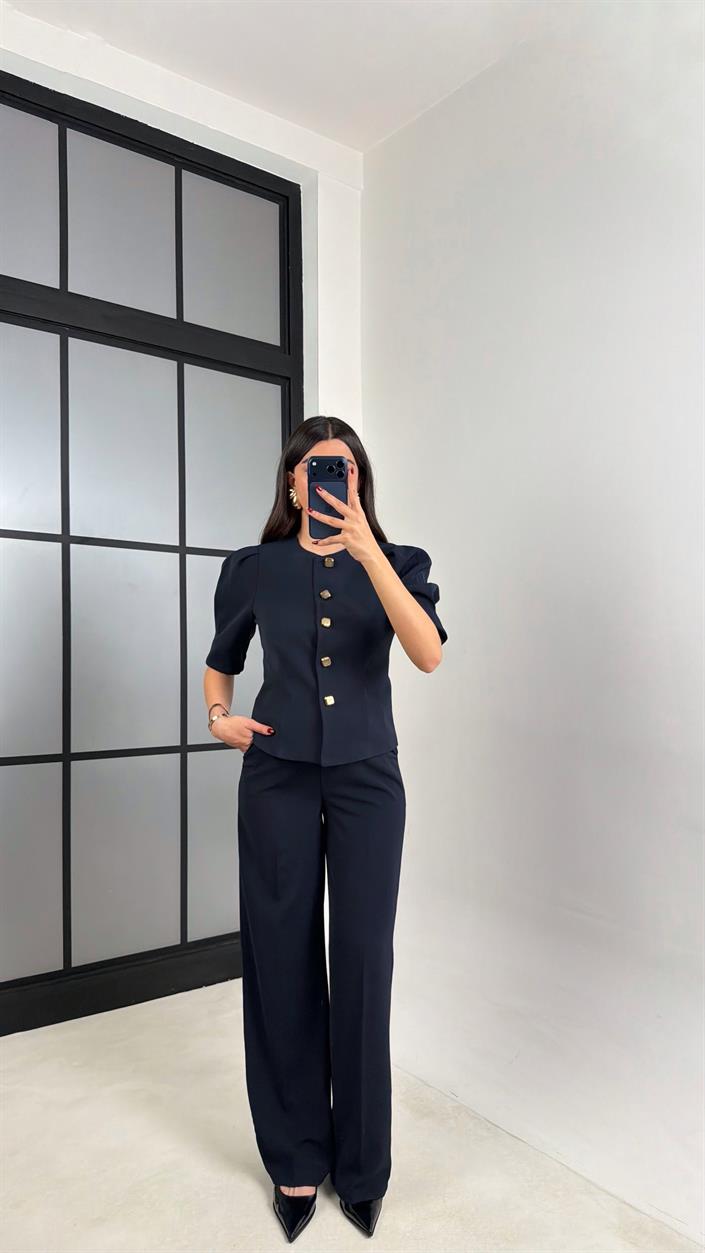 Lacivert Gold Düğmeli Balon Kol Ceket Beli Lastikli Pantolon Kumaş Takım GAUS-00748