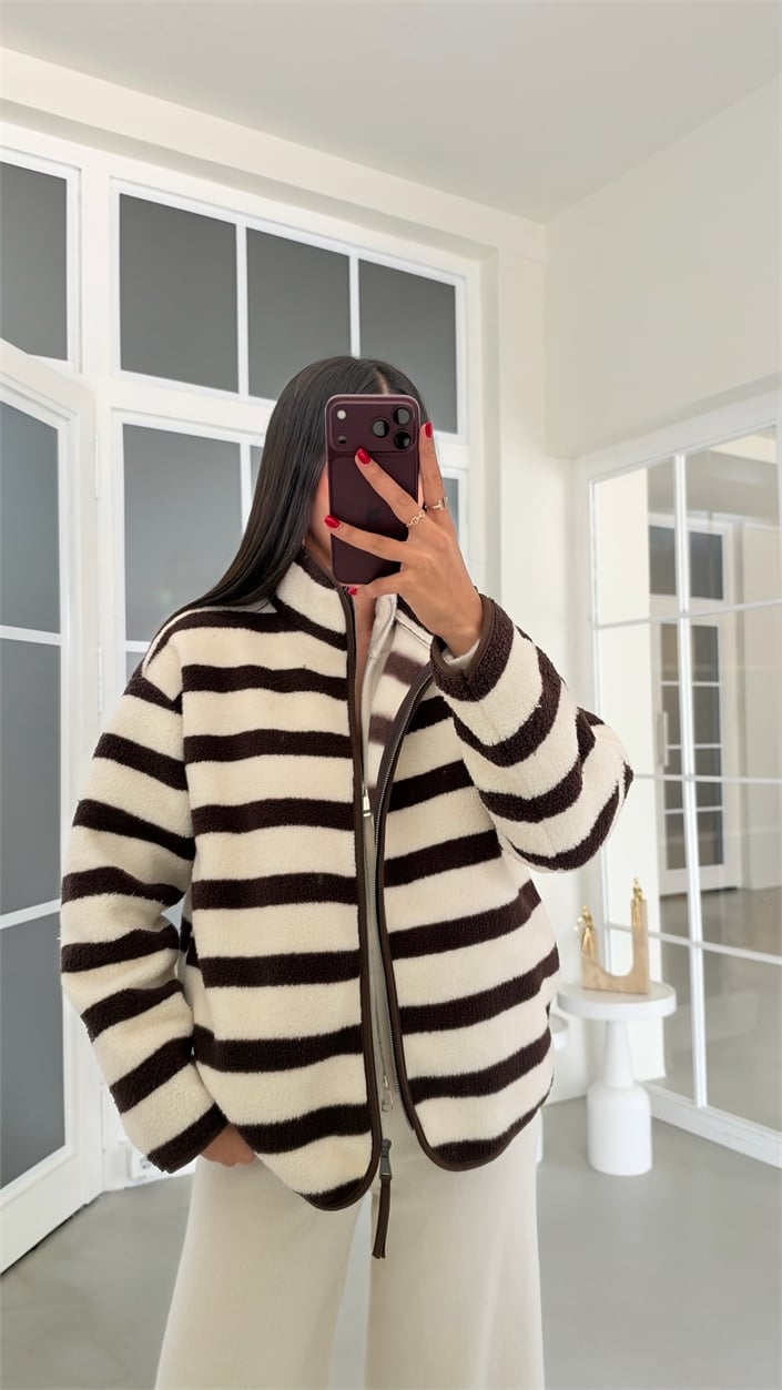 Kahve Çizgili Polar Sweatshirt GAUS-02288 GAUS-01916