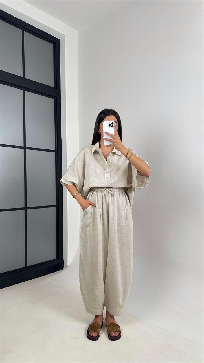 Taş Polo Yaka Yarasa Kol Bluz Şalvar Pantolon Md Muadil Premium Keten Takım Gaus00542