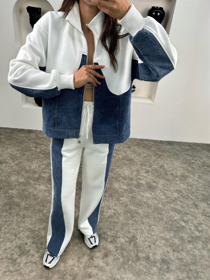 Jadon Beyaz Üç İplik Şardonlu Denim Karışımlı Takım