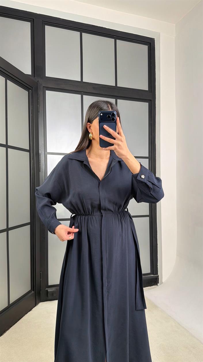 Lacivert Beli Lastikli Kuşaklı Tencel Elbise GAUS-01286