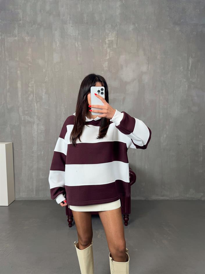 Nicol Bordo Beyaz Çizgili ZR Model Sweatshirt