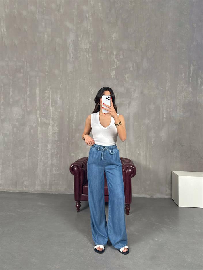 Mavi Beli Lastikli İnce Denim Pantolon Gaus00203