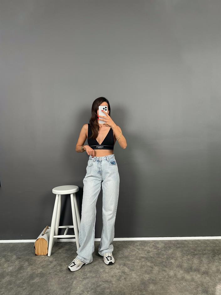Davy Buz Mavisi Eskitme Wide Leg Jean 