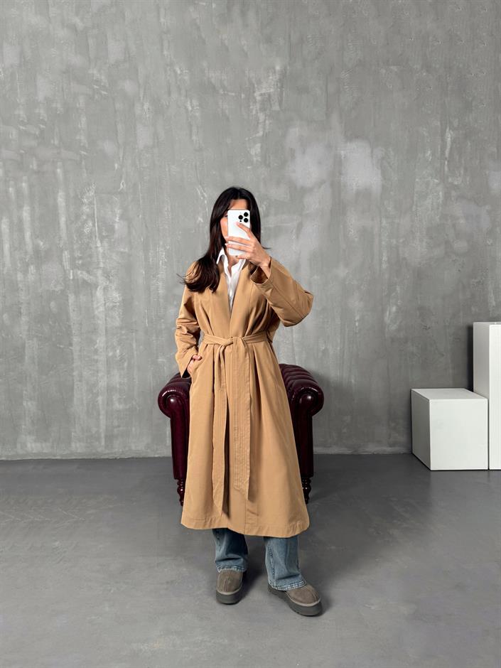 Sindy ZR Camel Muadil Premium Astarsız Kuşaklı Trençkot