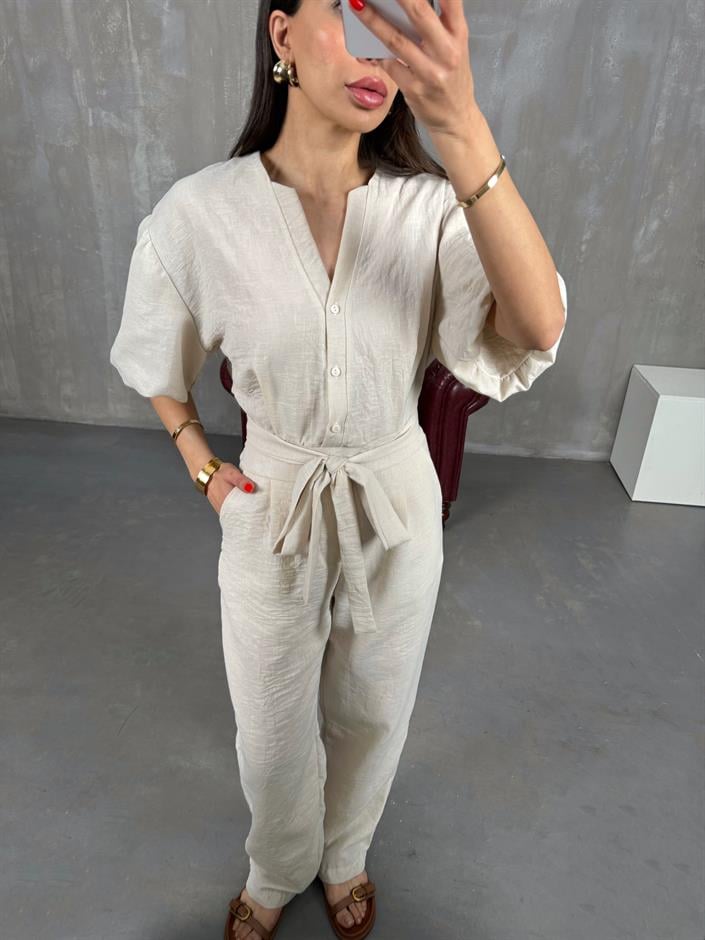 Taş Kuşaklı V Yaka Keten Kısa Balon Kol Tulum Gaus00179