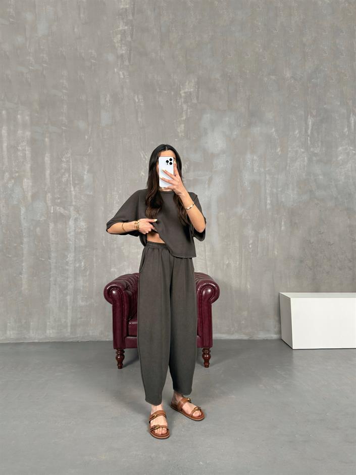 Acı Kahve Bisiklet Yaka Tshirt Pantolon Basic Yıkamalı Modal Takım Gaus00143
