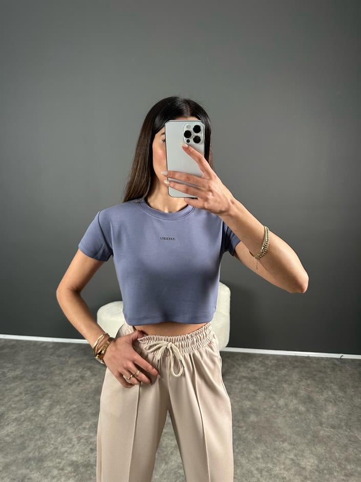 Oysh İndigo Mavi Modal Kumaş Baskılı Tshirt