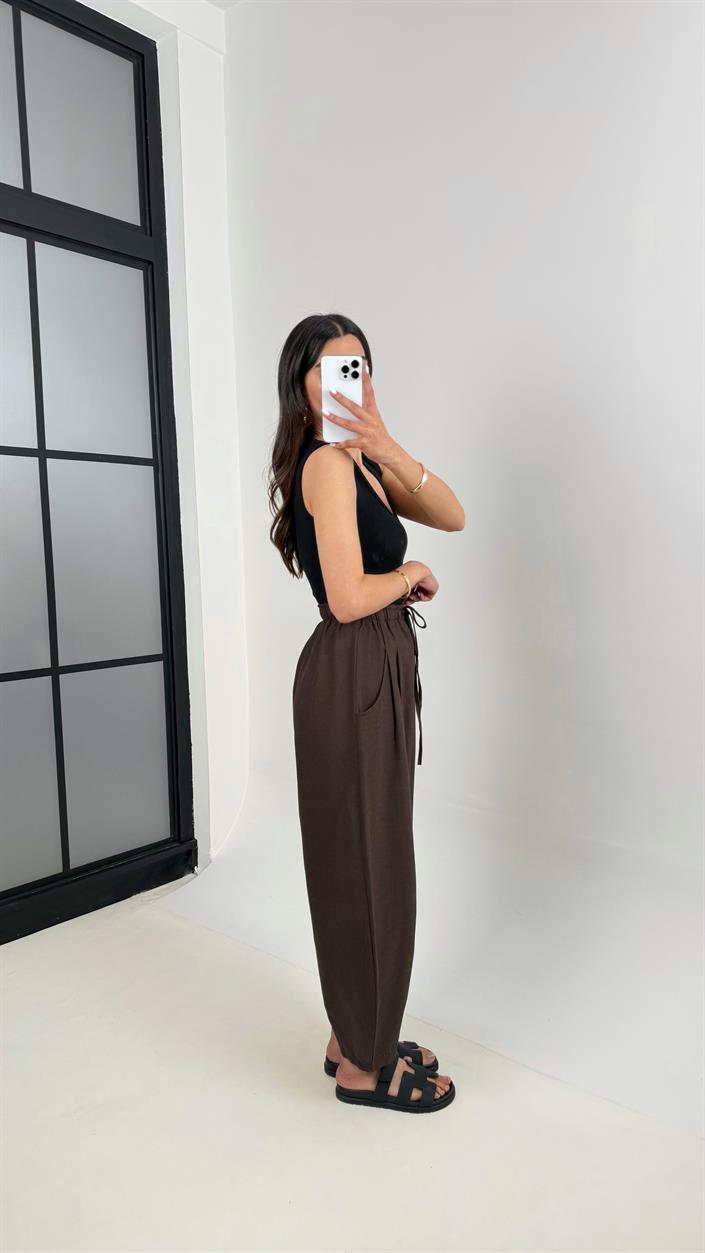 Kahve Beli Lastikli Cepli Balon Keten Pantolon Gaus00391
