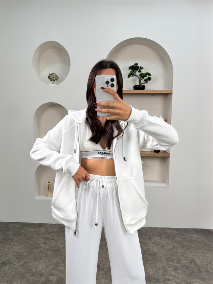 Khloe Beyaz Üç İplik Şardonlu Kapüşonlu Fermuarlı Sweatshirt