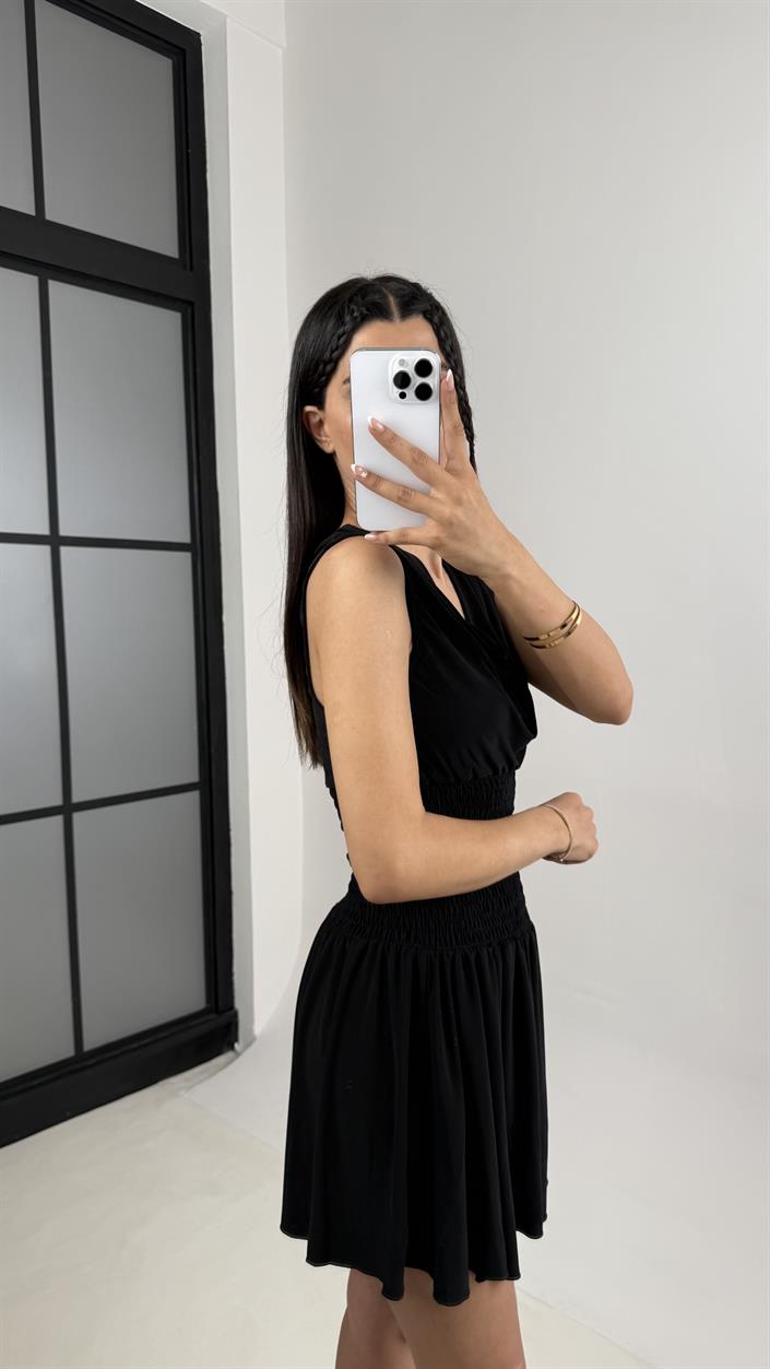 Siyah Degaje Yaka Beli Lastikli Crop Etek İthal Kumaş Takım Gaus00555