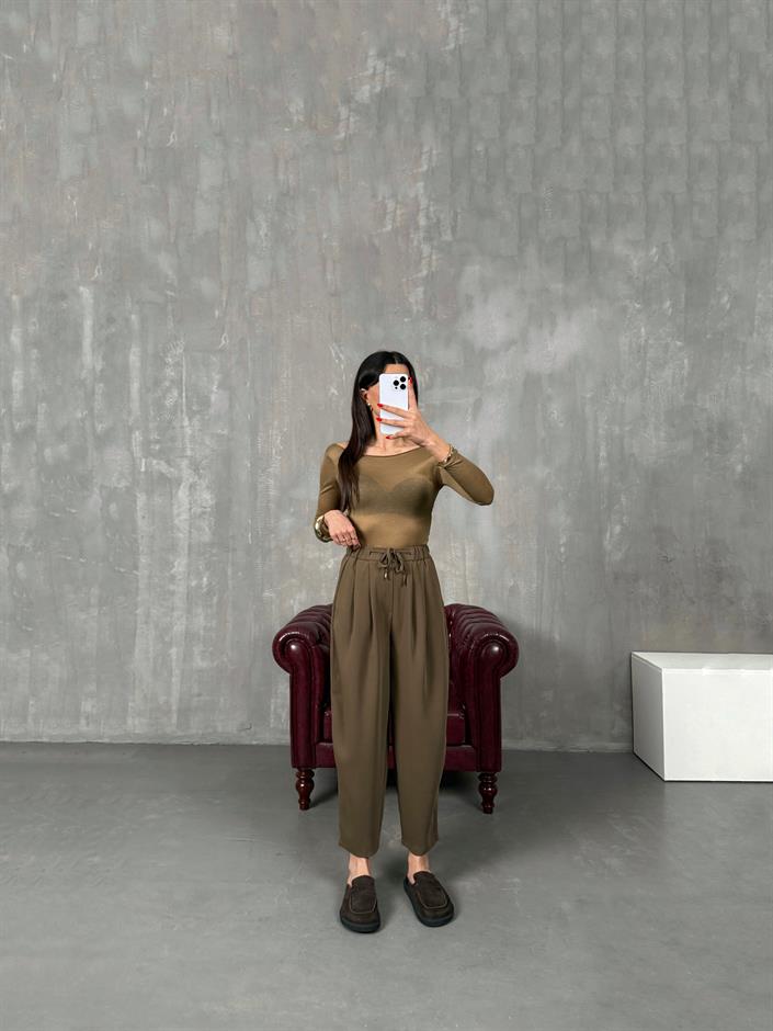 Dona Yağ Yeşili İthal Kumaş Beli Lastikli Jogger Pantolon