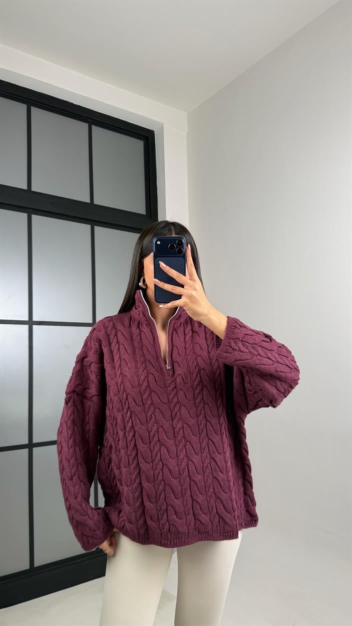 Mürdüm Fermuarlı Saç Örgülü Kazak GAUS-00855