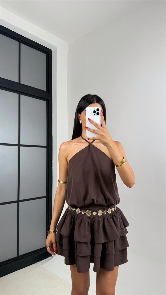 Kahve Boyundan Bağlamalı Katlı Tasarım Mini Elbise GAUS-0040