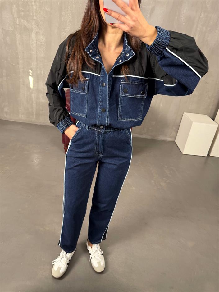Lotus Koyu Mavi Beli Lastikli Garnili Denim Takım