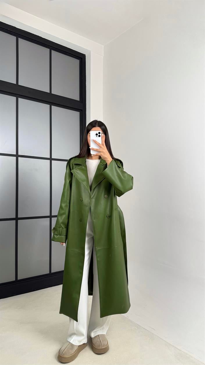 Yeşil Yırtmaç Detaylı Astarlı Premium Deri Trençkot GAUS-00575