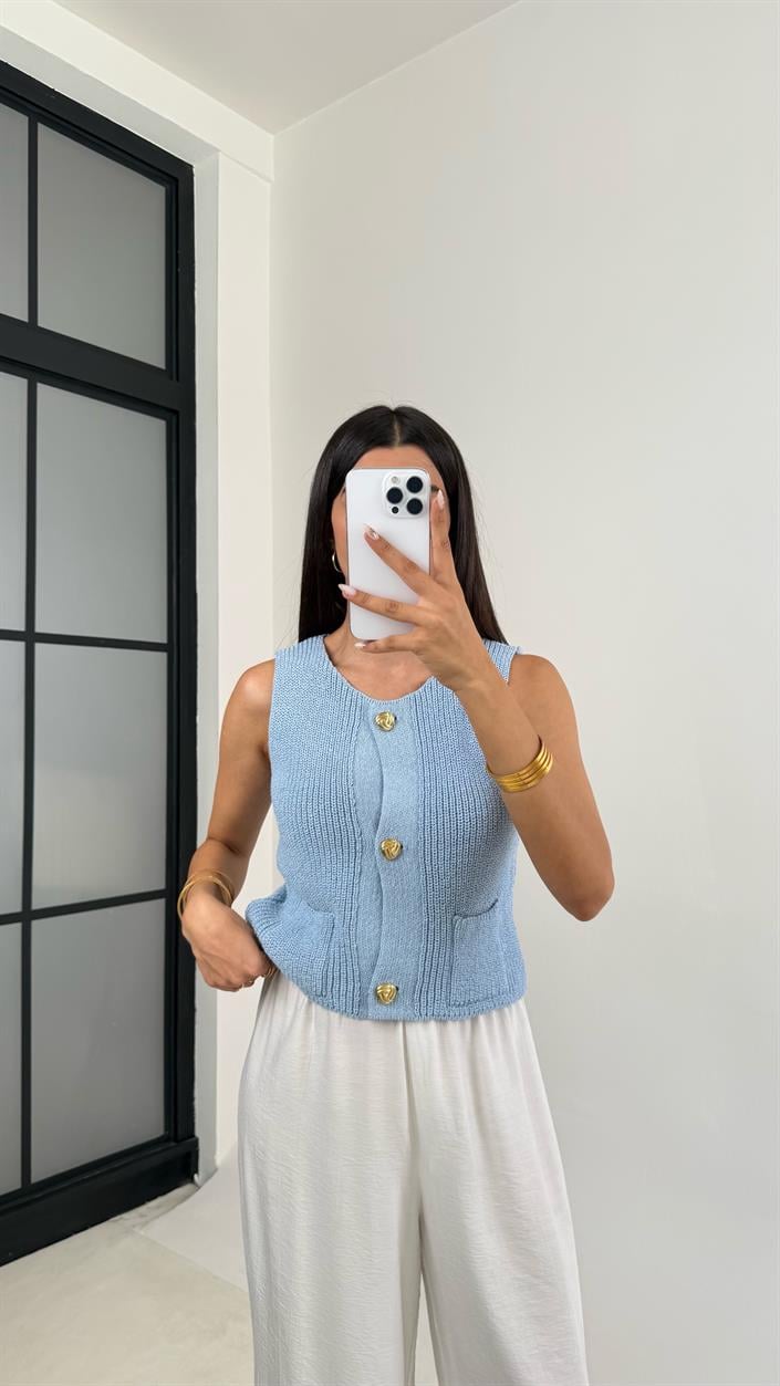 Mavi Cep Detaylı Gold Düğmeli Triko Yelek GAUS-0058