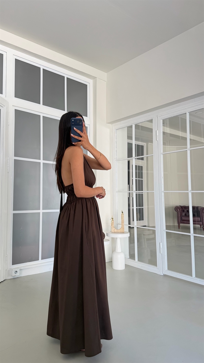 Acı Kahve Boyundan Bağlamalı Beli Lastikli Toka Detaylı Cepli Tencel Elbise GAUS-01798