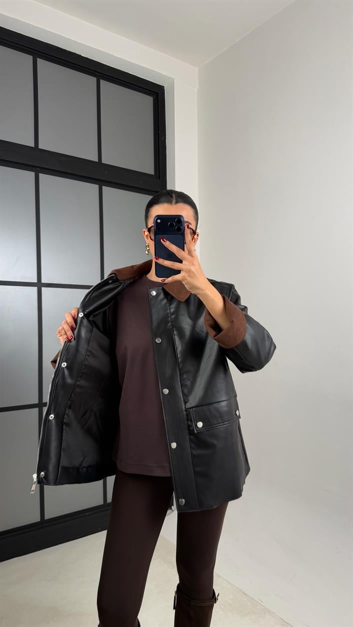 Siyah Kadife Yakalı Astarlı Deri Ceket GAUS-00671