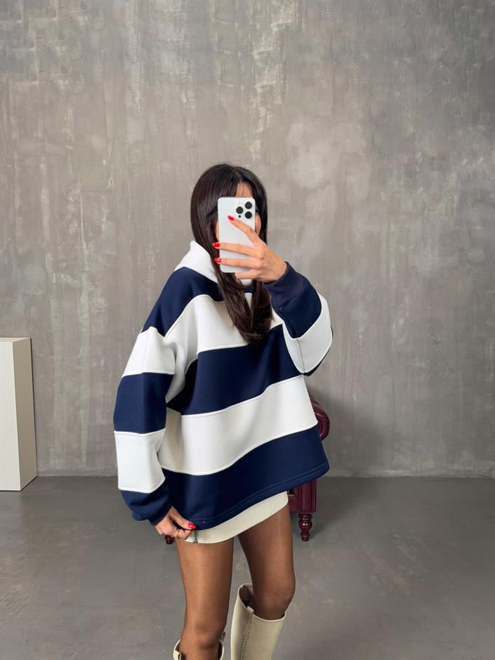 Nicol Lacivert Beyaz Çizgili ZR Model Sweatshirt