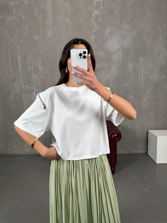 Ace Beyaz MD Muadil Kol Fermuar Detaylı Tshirt