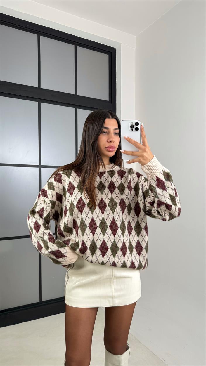 Krem Baklava Desenli Vintage Kazak GAUS-00509