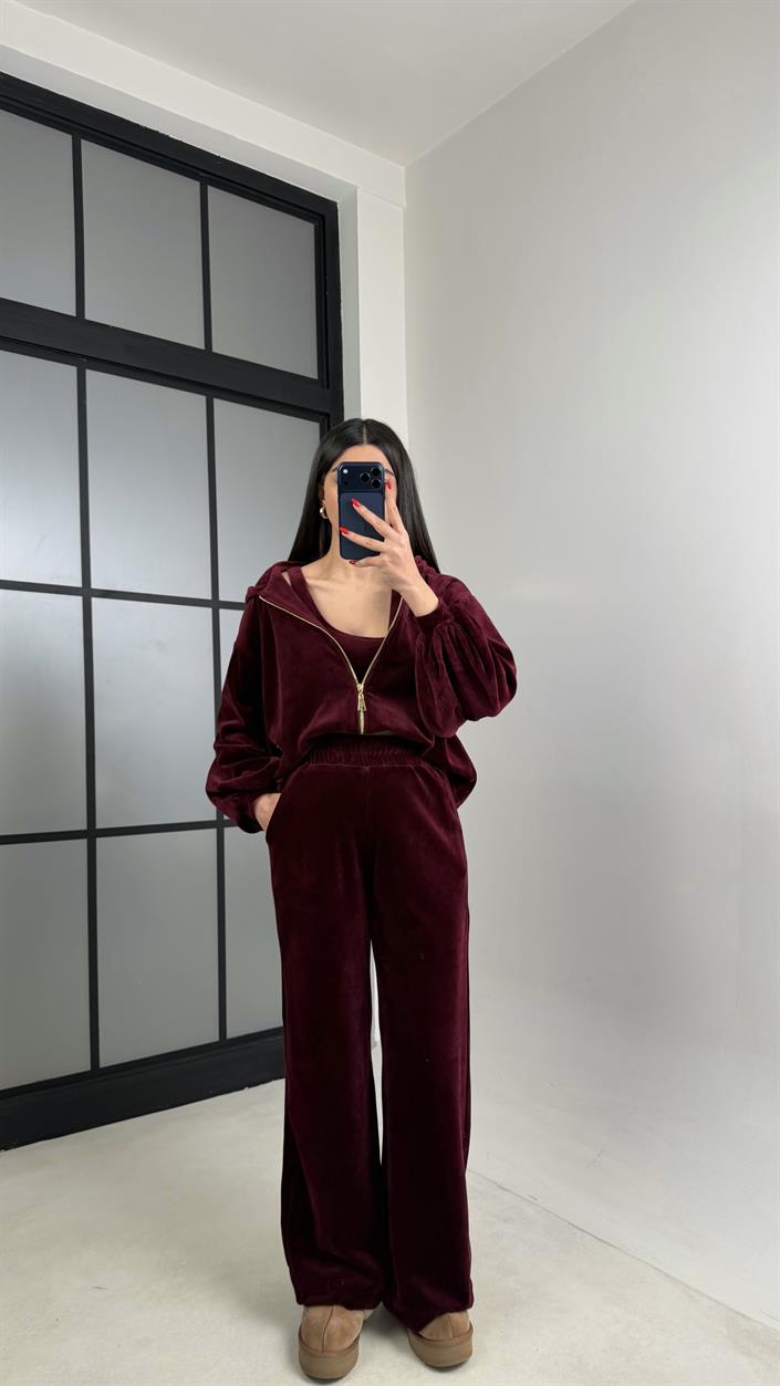 Mürdüm Kapüşonlu Hırka Crop Beli Lastikli Pantolon 3lü Kadife Takım GAUS-00875