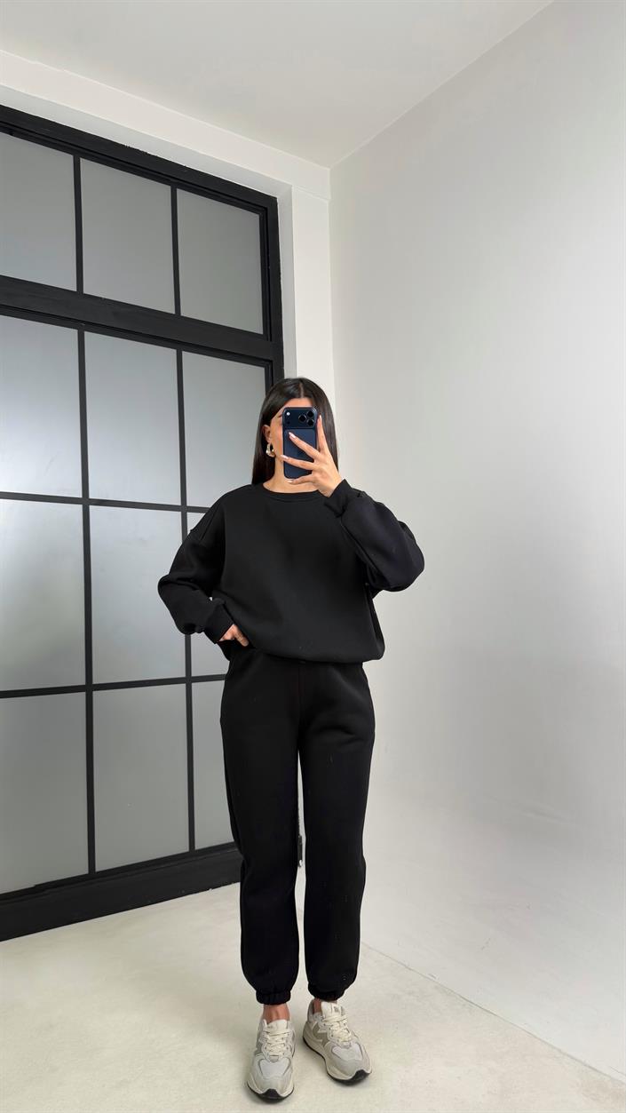 Siyah 3 İplik Şardonlu ZR Model Sweatshirt Eşofman Takım GAUS-00809