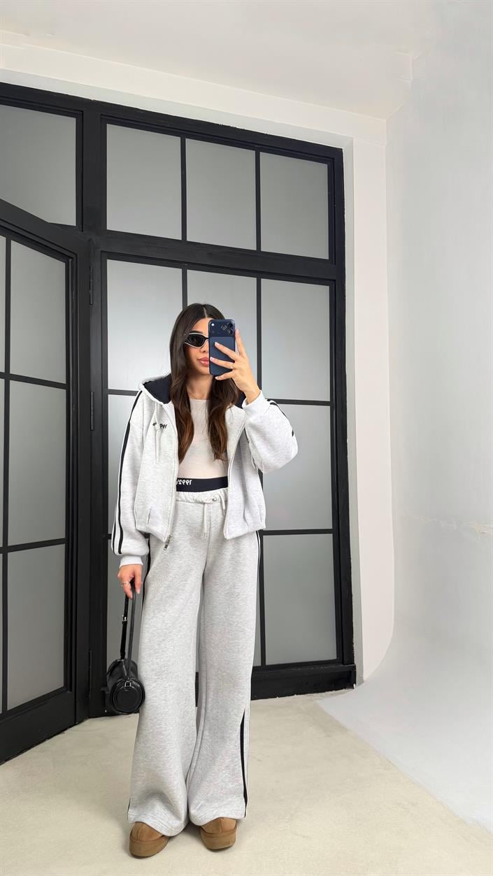 Gri Lacivert Şerit Detaylı Hırka Beli Lastikli Eşofman Şardonlu Takım GAUS-01174